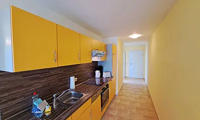 vollwertige Küche mit Herd, Backofen, Geschirrspüler, Kühlschrank mit Tiefkühlfach uvm.