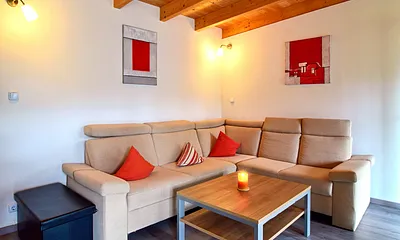 Wohnzimmer mit Schlafsofa und Küche mit Essecke