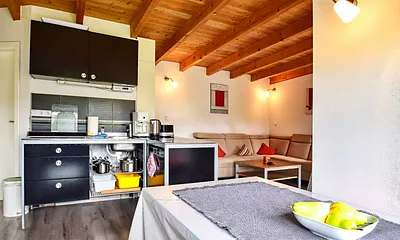 Wohnzimmer mit Schlafsofa und Küche mit Essecke