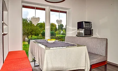 Wohnzimmer mit Schlafsofa und Küche mit Essecke