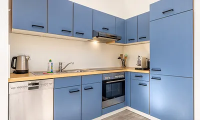 Die Küchenzeile mit Geschirrspüler und Backofen.