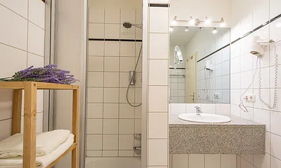 Das Bad mit Dusche und WC