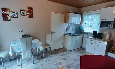 Wohnzimmer mit Küchenzeile und Essecke