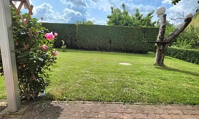 Blick von der Terrasse auf die Liegewiese