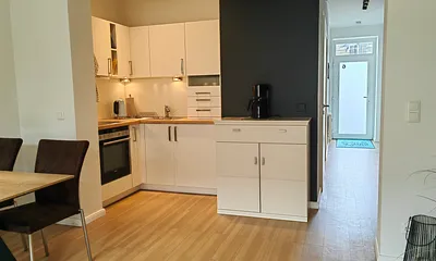 offene Küchzeile mit Backofen und Herd