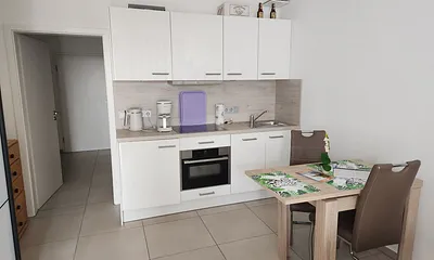 Die moderne Küchenzeile mit Backofen, Geschirrspüler und Kühlschrank mit Eisfach.