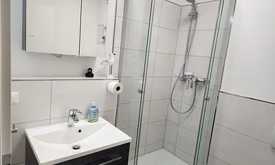 Das moderne Bad mit Dusche und WC.