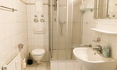 Das Bad mit Dusche, WC und Fön.