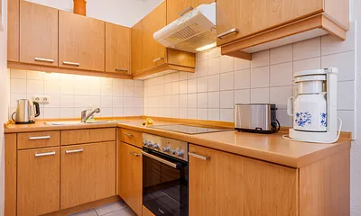 Die Küchenzeile mit Backofen, Kühlschrank mit Eisfach, Cerankochfeld etc.