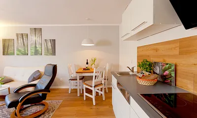 Wohnzimmer mit integrierter Küche und Essbereich