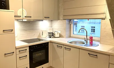 Die Küchenzeile mit Geschirrspüler, Backofen, Mikrowelle und KühlGefrierkombination.