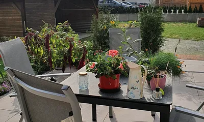 Terrasse mit Grill, Sitzecke, Gartenliegen und Wäschespinne