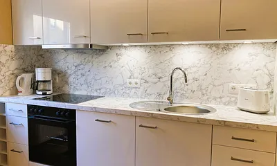 Die Küchenzeile mit Backofen, Cerankochfeld ...