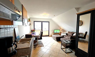 Wohnzimmer mit Esstisch und Küchenzeile