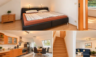 Küche und Schlafbereich, Maisonettestil.