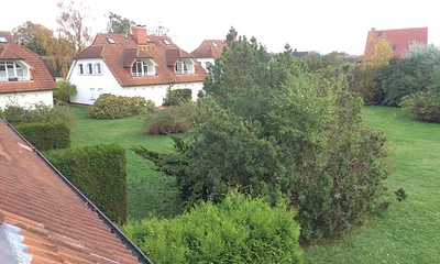 Seitlicher Blick vom Balkon auf die Grünanlage