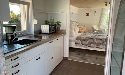 Blick von der Küche in den Wohn-Schlafbereich