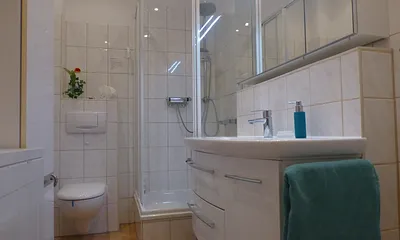 Modernes Duschbad mit WC Waschtisch, Spiegelschrank, Waschmaschine