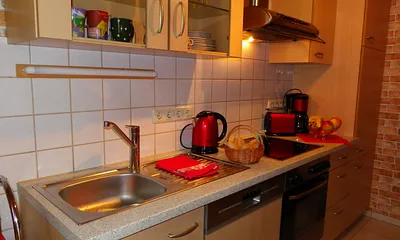 Küche mit Geschirrspüler,Kühlschrank und Backofen mit Cerankochfeld