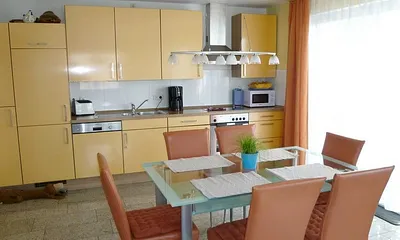 Hochmoderne Küche mit jeglichem Komfort und direktem Ausgang zur möblierten Terrasse