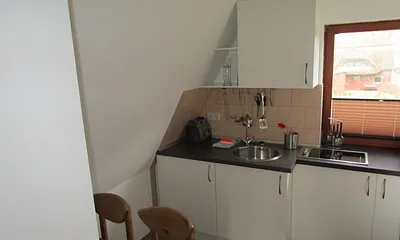 kleine gemütliche Küche mit Kühlschrank, Herd und Mikrowelle