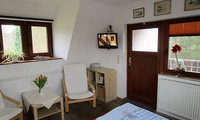 Wohn-Schlafraum mit Sitzecke und Tür zum Balkon