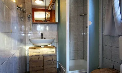 Duschbad und WC in edlem Holzdesign