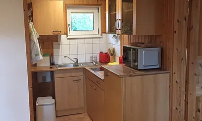 Küchenzeile mit Cerankochfeld und Kühlschrank