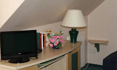 Der Flachbildschirm-TV befindet sich gegenüber der Sitzecke auf dem Schreibtisch und auch ein paar Bücher finden Sie hier