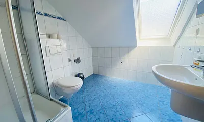 Geräumiges Bad (Dusche mit Eckeinstieg, Fussbodenheizung, Handtuchtrockner)