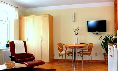 Wohnraum mit bequemen Lesesessel & Flatscreen,WLAN steht kostenfrei zur Verfügung