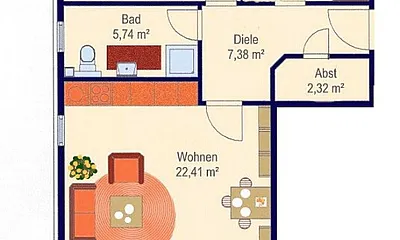 Grundriss der Wohnung. Wohnküche mit 2 Schlafzimmer. Der Balkon ermöglicht romantisches Sitzen unter freiem Himmel, da sich die Wohnung im Dachgeschoss befindet. 