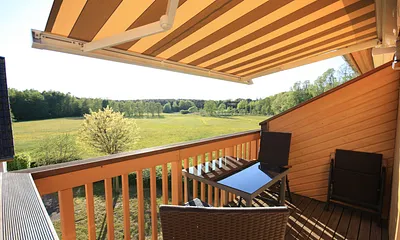 Blick vom Balkon über die Wiesen