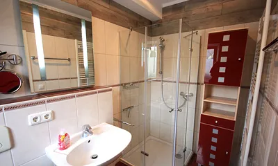 Tageslichtbad mit Handtuchwärmer, flache Duschtasse