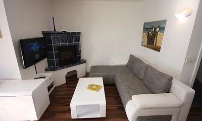 Wohnbereich mit Kamin und 32"-LCD-Fernseher