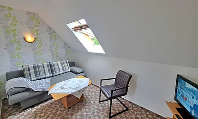Wohnzimmer mit Schlafcouch und Fernseher