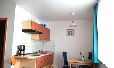 Küche der Ferienwohnung Oie mit Kühlschrank ohne Gefrierfach