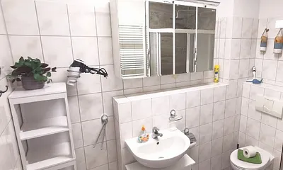 Badezimmer mit Dusche, WC, Waschbecken