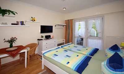 kombiniertes Wohn/Schlafzimmer mit Terrasse