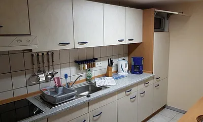 Voll ausgestattete Küche mit großem Kühlschrank & Kühlfach, Backofen, Ceranfeld, Mikrowelle, Kaffeemaschine, Toaster, Wasserkocher und Eierkocher.