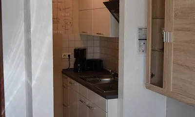 Küchenzeile mit Ceran-Kochfeld, Kühlschrank, MInibackofen, Geschirrspüler, Toaster, Wasserkocher und Kaffeemaschine 