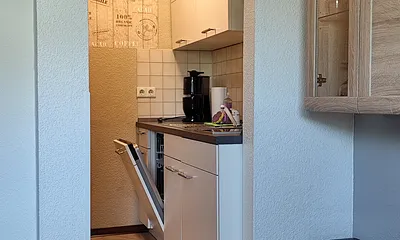 Küchenzeile mit Ceran-Kochfeld, Kühlschrank, MInibackofen, Geschirrspüler, Toaster, Wasserkocher und Kaffeemaschine 