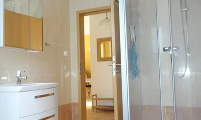 Badezimmer mit Dusche, WC und Waschbecken