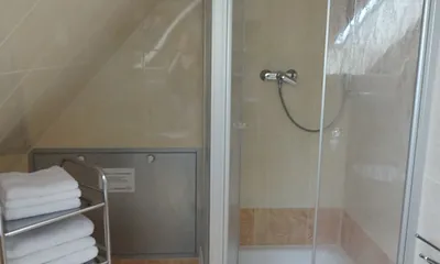 Badezimmer mit Dusche, WC und Waschbecken