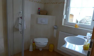 ein Blick ins Bad mit ebenerdiger Dusche