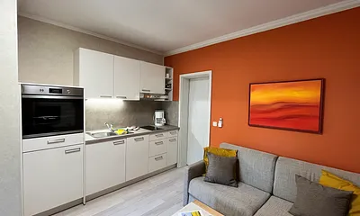 Küchenzeile mit Backofen, 2-Platten-Kochfeld, Kühlschrank mit Eisfach, Geschirrspüler, Kaffeemaschine, Toaster, Wasserkocher, Mixer u.v.m.