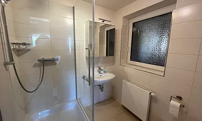 Modernes Badezimmer mit großer Dusche und WC, Haartrockner