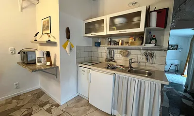 Küchenzeile mit Geschirrspüler, Kühlschrank mit Eisfach, 2-Plattenkochfeld, Mikrowelle/Grill/Heißluft, Kaffeemaschine, Wasserkocher, Toaster