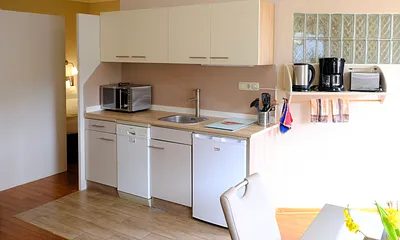 Komplett ausgestatteter Küche mit Geschirrspüler, Kühlschrank mit Gefrierfach, 2-Plattenceranfeld, Mikrowelle/Grill/Heissluftkombigerät, Kaffeemaschine, Wasserkocher, Toaster u.v.m.