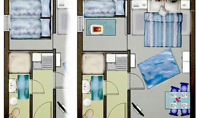 Grundrisse, einmal kleines Zimmer mit ausgezogenem Bett und einmal nur ein Bett 